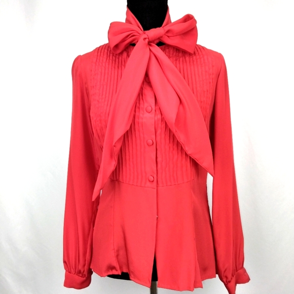 Vintage ADOLFO 100% Silk Cherry Red Tie Neck Long Sleeve Blouse Size Small - Picture 1 of 11